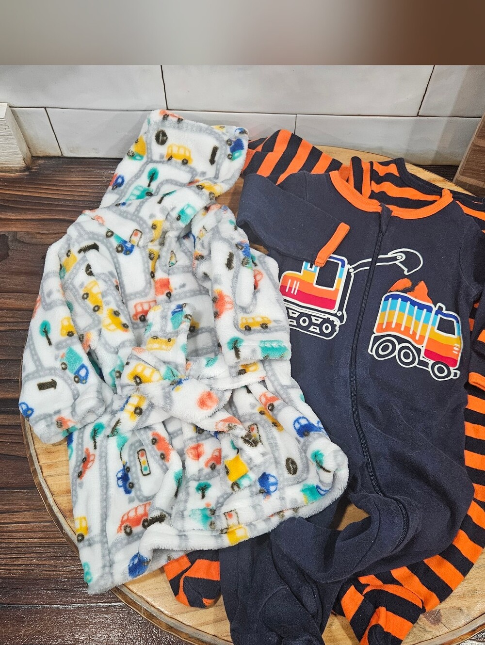 Baby 9 Month Cars Trucks Plush Fuzzy Bathrobe & 2 Footed Pajamas PJ's